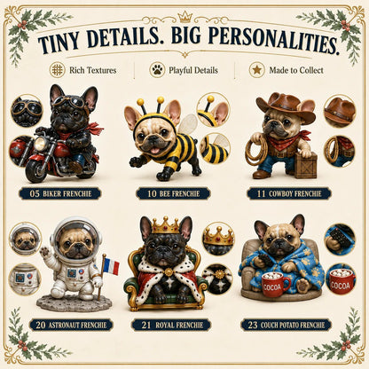 Close-up of tiny details and hand-painted personalities on 6 Frenchie figurines
