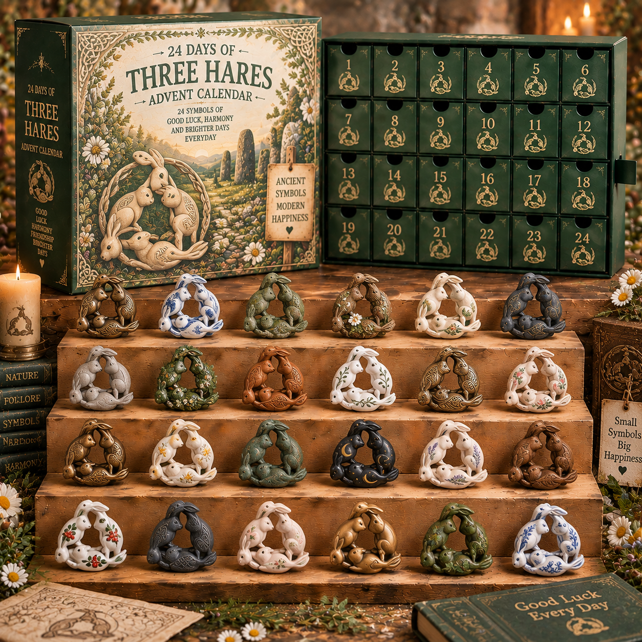 CHRISTMAS KICKOFF 49% OFF - 2026 Days of Three Hares Blind Box - 24‑Day Festive Countdown, Three Hares Themed Collectible Miniatures Blind Box - Gift For Myth & Symbol Art Lovers