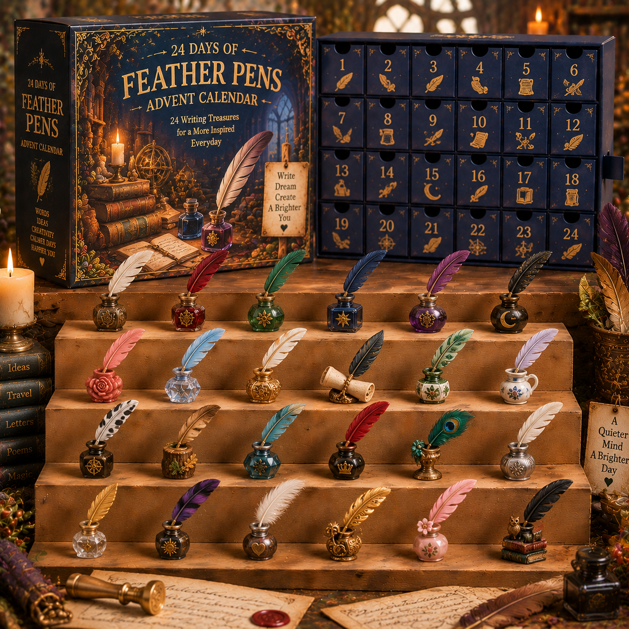 CHRISTMAS KICKOFF 49% OFF - 2026 Days of Feather Pens Blind Box - 24‑Day Festive Countdown, Feather Pens Themed Collectible Miniatures Blind Box - Gift For Vintage Writing & Book Lovers