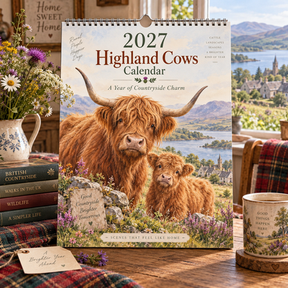 🐮 2027 Highland Cows Wall Calendar – A4 Watercolour Scenes of Countryside Charm