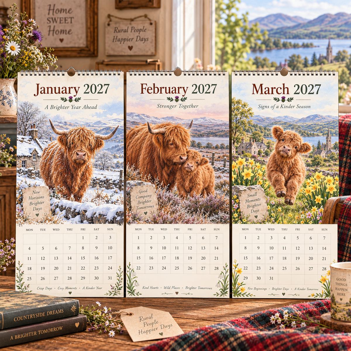 🐮 2027 Highland Cows Wall Calendar – A4 Watercolour Scenes of Countryside Charm