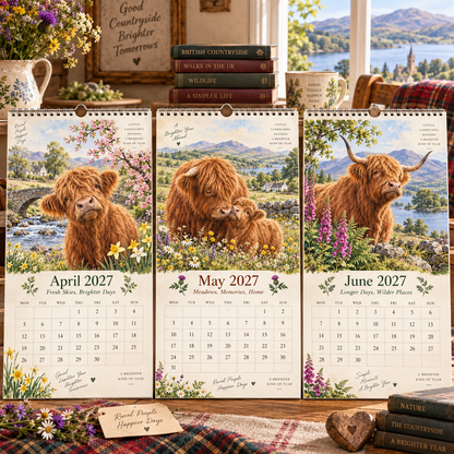 🐮 2027 Highland Cows Wall Calendar – A4 Watercolour Scenes of Countryside Charm