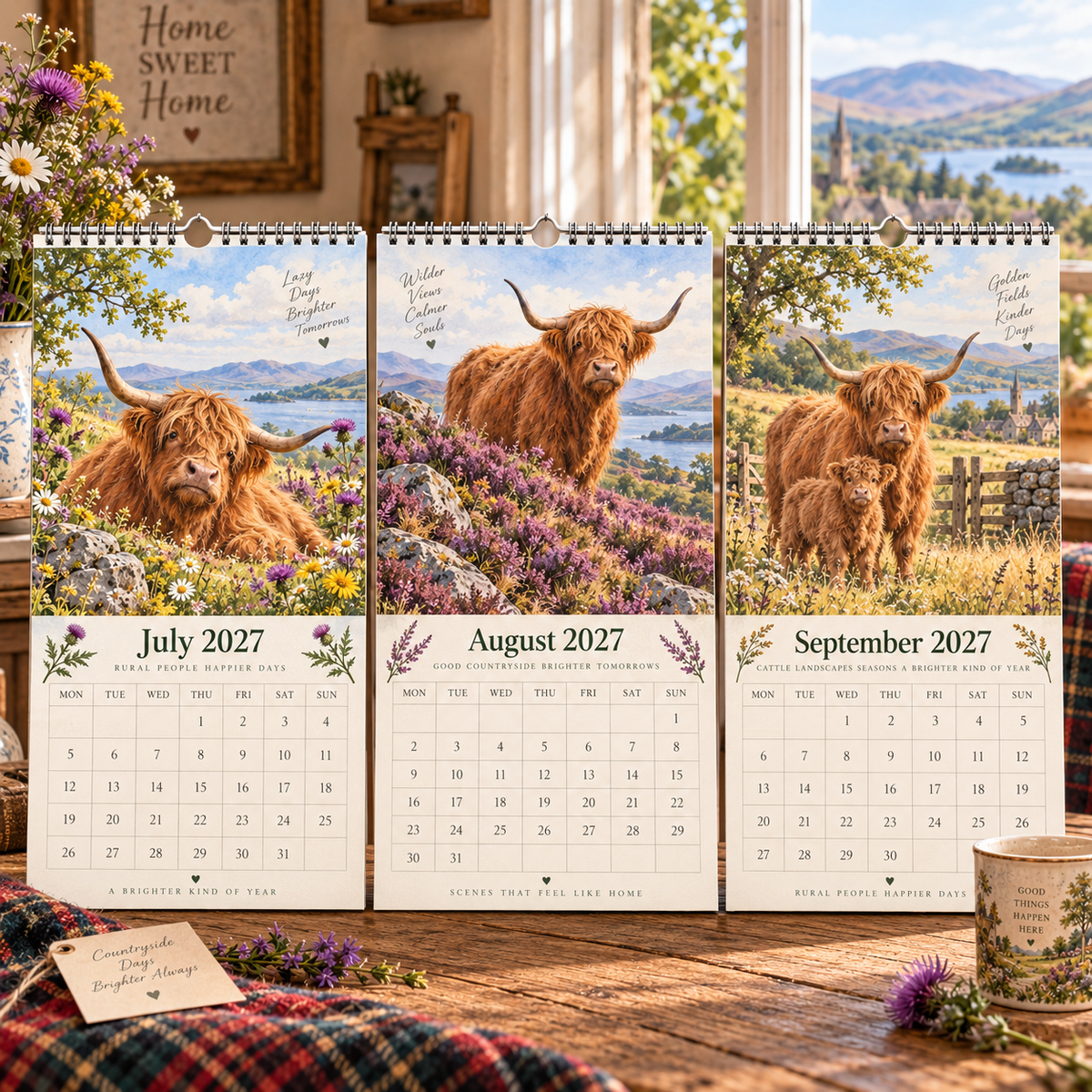 🐮 2027 Highland Cows Wall Calendar – A4 Watercolour Scenes of Countryside Charm