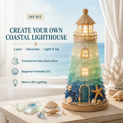 🌊 DIY Sea Glass Lighthouse Kit – Light-Up Coastal Craft & Handmade Home Decor