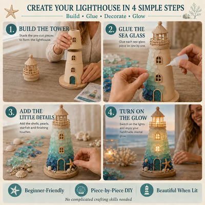 🌊 DIY Sea Glass Lighthouse Kit – Light-Up Coastal Craft & Handmade Home Decor
