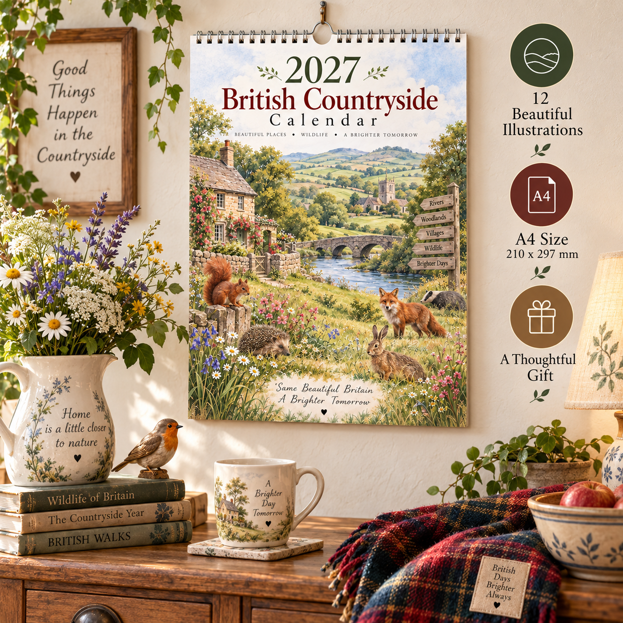 🌿 2027 British Countryside Wall Calendar – A4 Watercolour Wildlife & Village Scenes