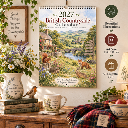 🌿 2027 British Countryside Wall Calendar – A4 Watercolour Wildlife & Village Scenes
