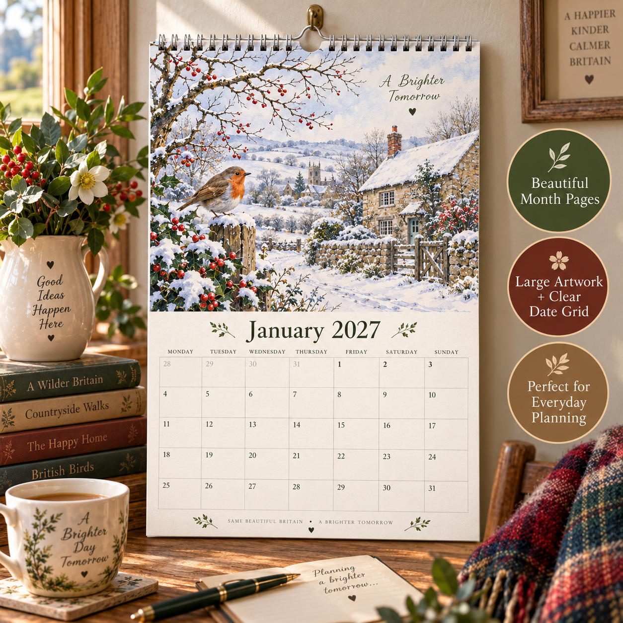 🌿 2027 British Countryside Wall Calendar – A4 Watercolour Wildlife & Village Scenes