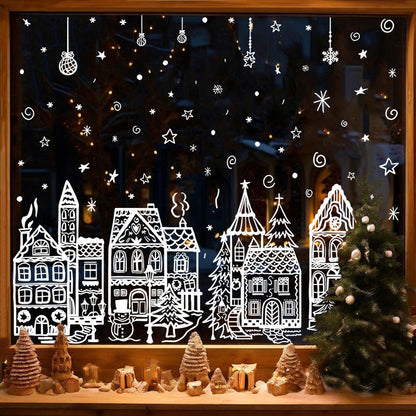 🎄 78-Piece Christmas Village Window Clings – Reusable Static Decals for Winter Wonderland Holiday Window Decor