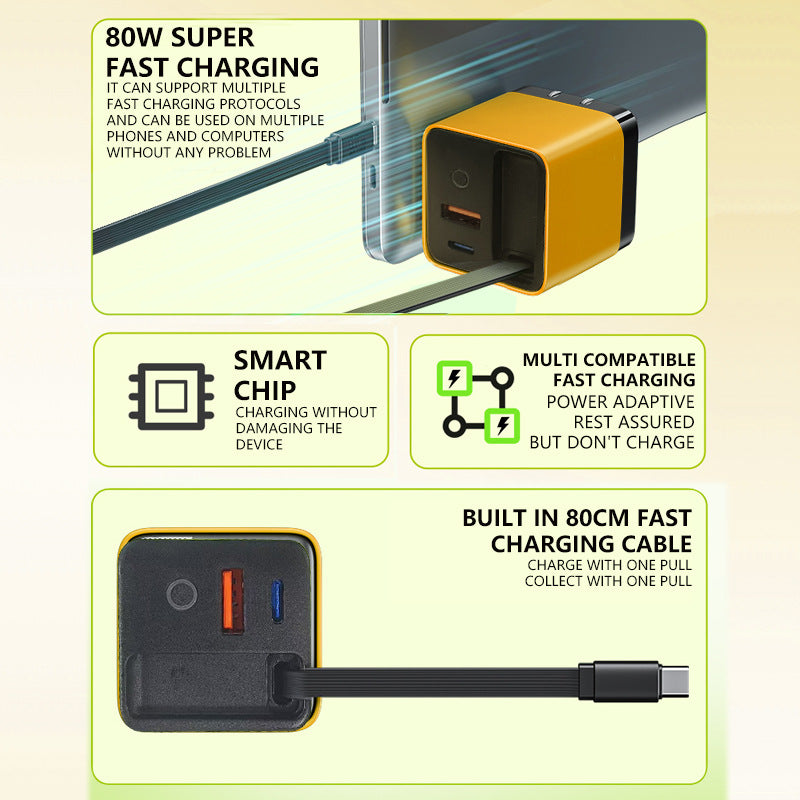 ⚡80W Fast Charging Phone Charger Block with Retractable 80cm Type-C Cable