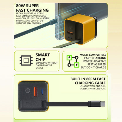 ⚡80W Fast Charging Phone Charger Block with Retractable 80cm Type-C Cable