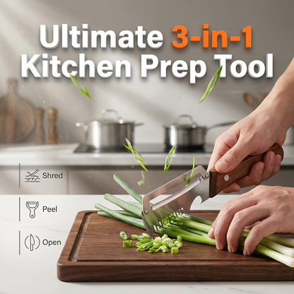 3-in-1 Spring Onion Slicer, Peeler & Bottle Opener with Wooden Handle