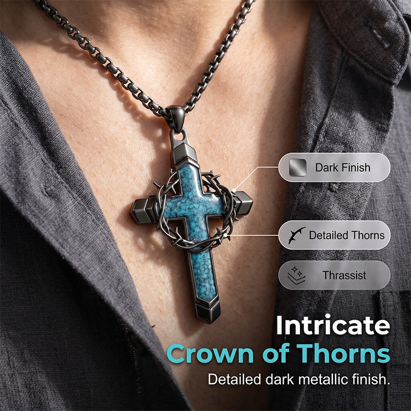 💞50K+ SOLD!✨Statement Cross Pendant – Crown of Thorns, Blue Stone Inlay, Vintage Edge 🖤