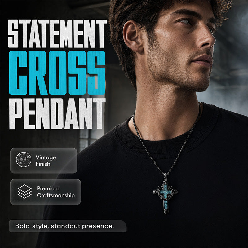 💞50K+ SOLD!✨Statement Cross Pendant – Crown of Thorns, Blue Stone Inlay, Vintage Edge 🖤