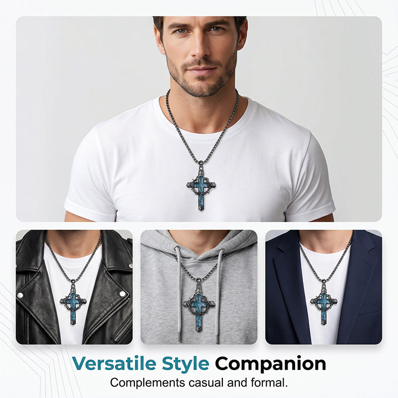 💞50K+ SOLD!✨Statement Cross Pendant – Crown of Thorns, Blue Stone Inlay, Vintage Edge 🖤