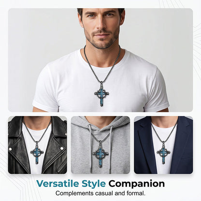 💞50K+ SOLD!✨Statement Cross Pendant – Crown of Thorns, Blue Stone Inlay, Vintage Edge 🖤