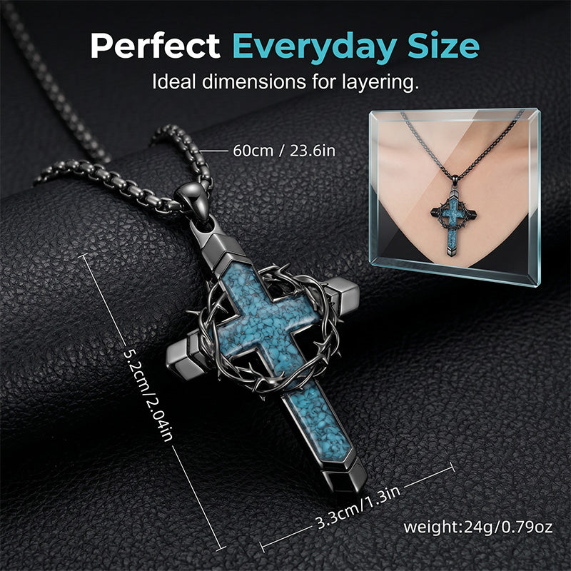 💞50K+ SOLD!✨Statement Cross Pendant – Crown of Thorns, Blue Stone Inlay, Vintage Edge 🖤