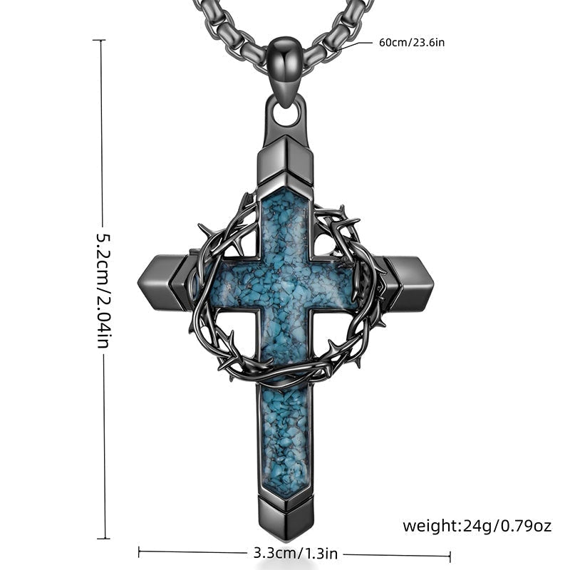 💞50K+ SOLD!✨Statement Cross Pendant – Crown of Thorns, Blue Stone Inlay, Vintage Edge 🖤