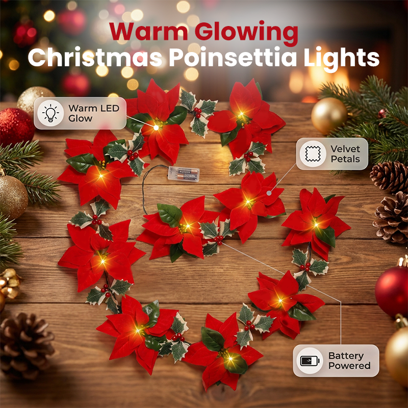 🎄 Christmas Poinsettia Flower String Lights – 2M Warm LED Garland with Red Flowers & Holly Leaves