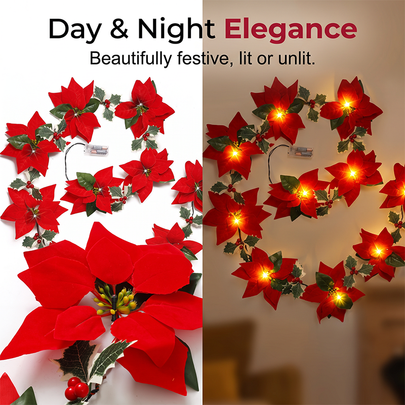 🎄 Christmas Poinsettia Flower String Lights – 2M Warm LED Garland with Red Flowers & Holly Leaves