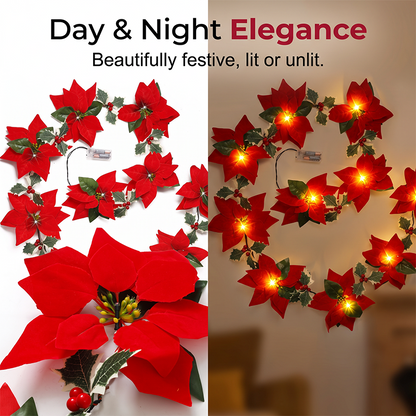 🎄 Christmas Poinsettia Flower String Lights – 2M Warm LED Garland with Red Flowers & Holly Leaves