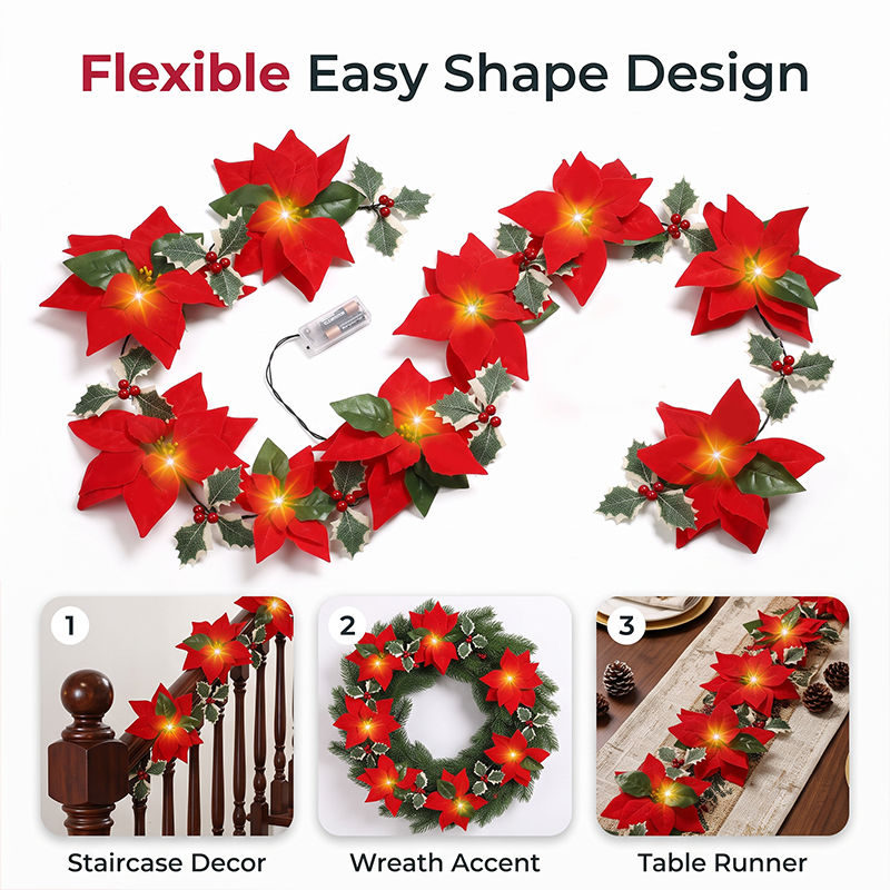 🎄 Christmas Poinsettia Flower String Lights – 2M Warm LED Garland with Red Flowers & Holly Leaves