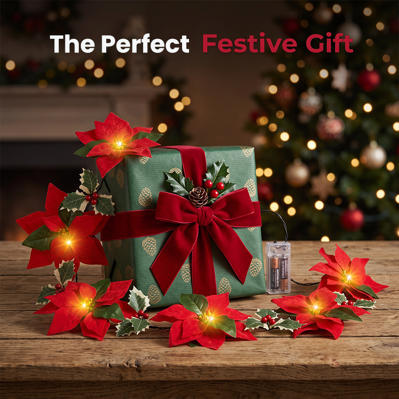 🎄 Christmas Poinsettia Flower String Lights – 2M Warm LED Garland with Red Flowers & Holly Leaves