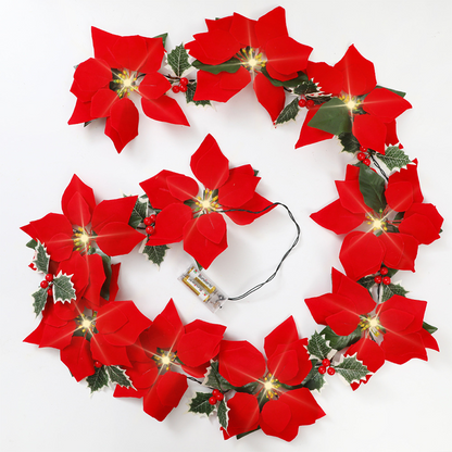 🎄 Christmas Poinsettia Flower String Lights – 2M Warm LED Garland with Red Flowers & Holly Leaves
