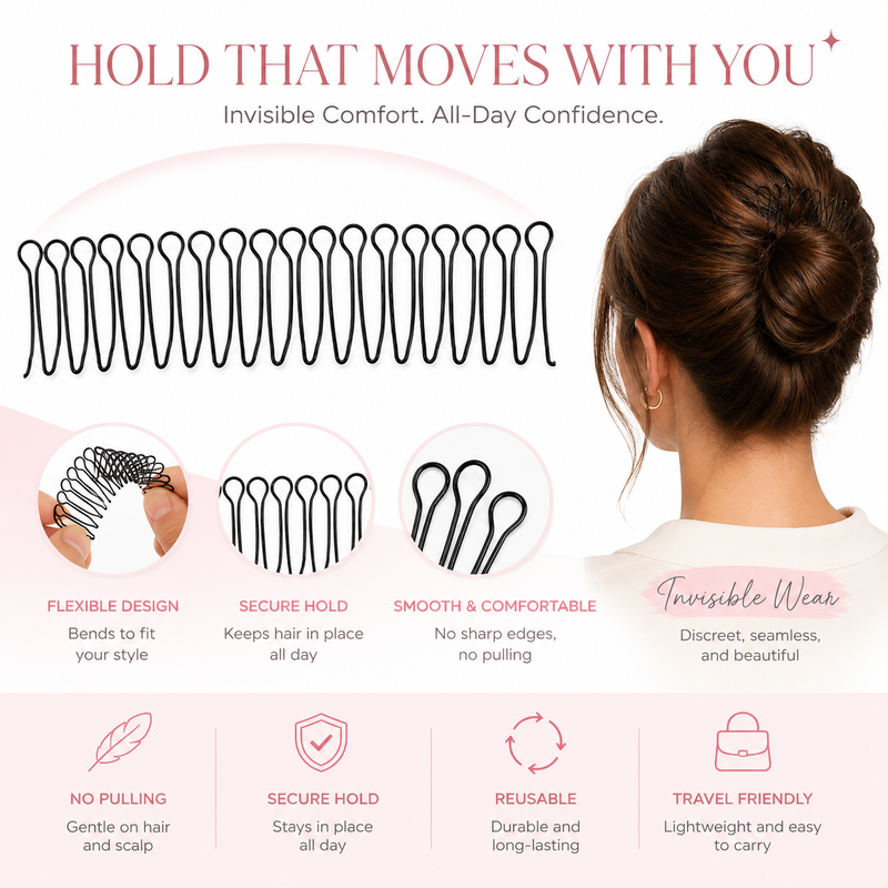 Flexible comb with invisible grip for loose hair