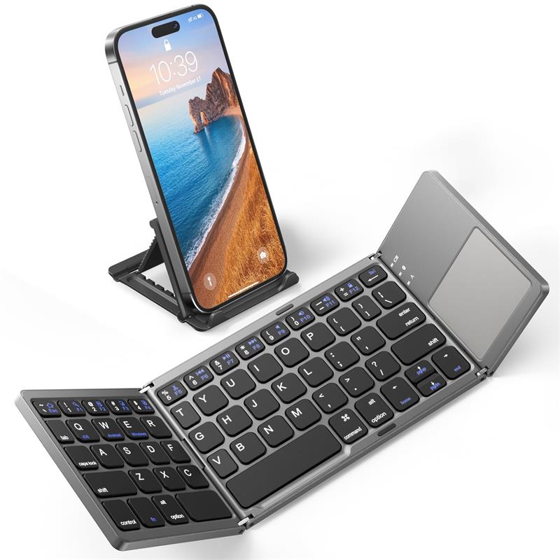 Foldable Bluetooth Keyboard with Touchpad – Rechargeable Portable Wireless Keyboard for iPad, iPhone, Laptop, Tablet, PC (iOS/Android/Windows), 3-Device Sync, 40H Battery, USB-C