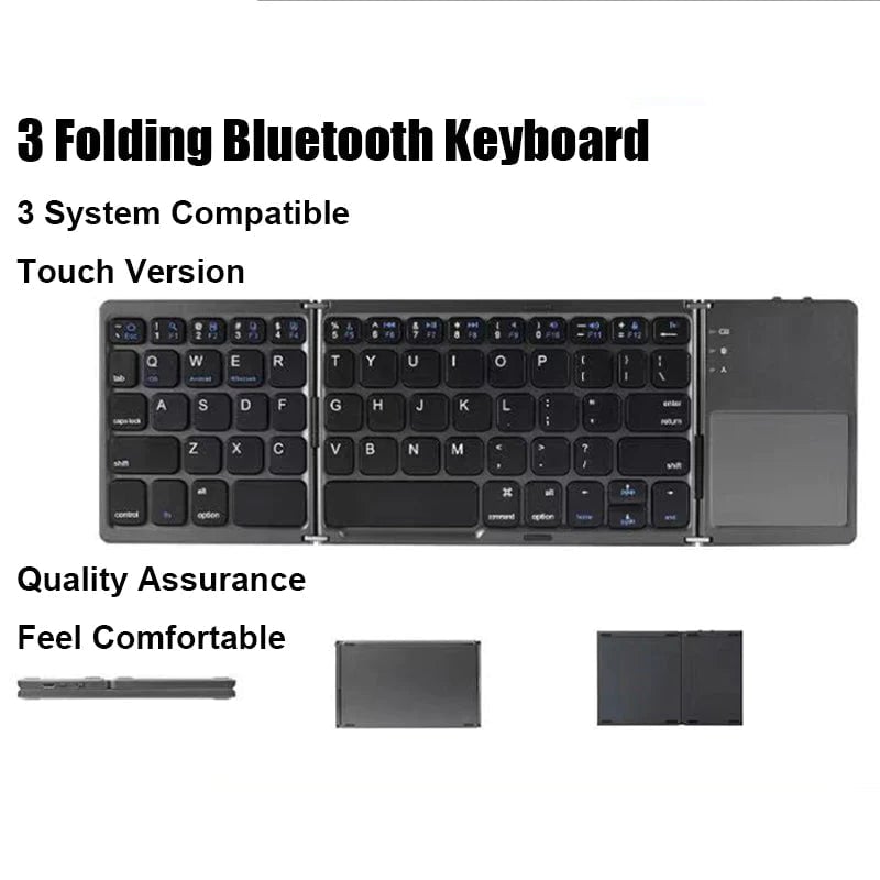 Foldable Bluetooth Keyboard with Touchpad – Rechargeable Portable Wireless Keyboard for iPad, iPhone, Laptop, Tablet, PC (iOS/Android/Windows), 3-Device Sync, 40H Battery, USB-C