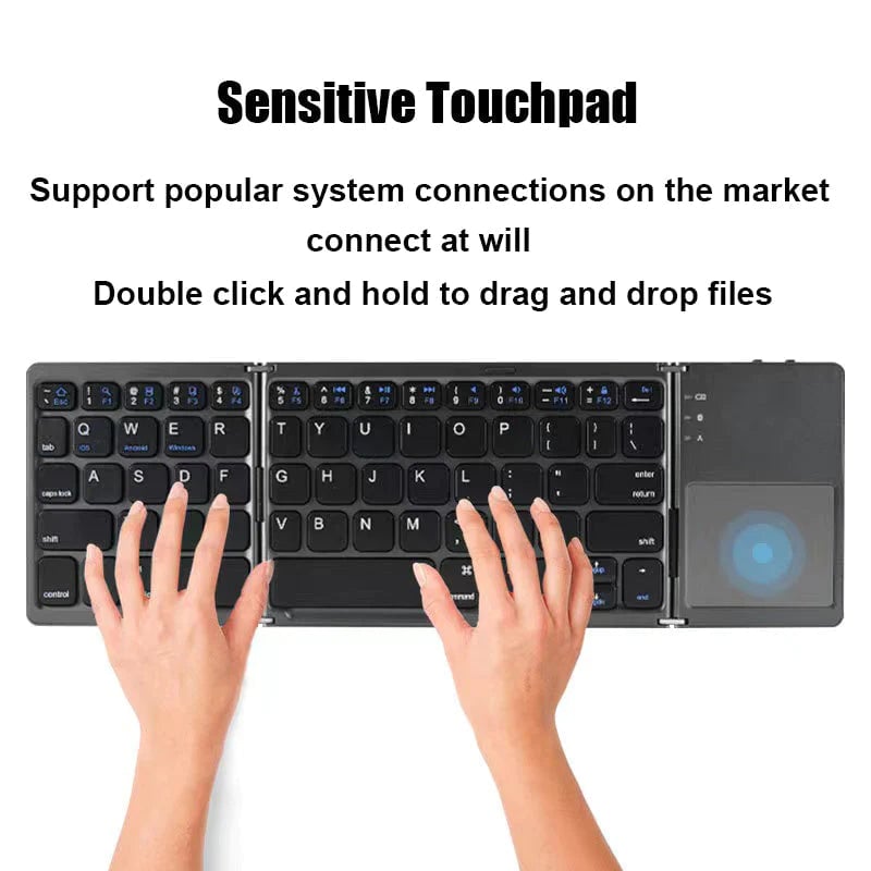 Foldable Bluetooth Keyboard with Touchpad – Rechargeable Portable Wireless Keyboard for iPad, iPhone, Laptop, Tablet, PC (iOS/Android/Windows), 3-Device Sync, 40H Battery, USB-C