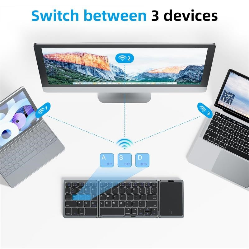 Foldable Bluetooth Keyboard with Touchpad – Rechargeable Portable Wireless Keyboard for iPad, iPhone, Laptop, Tablet, PC (iOS/Android/Windows), 3-Device Sync, 40H Battery, USB-C