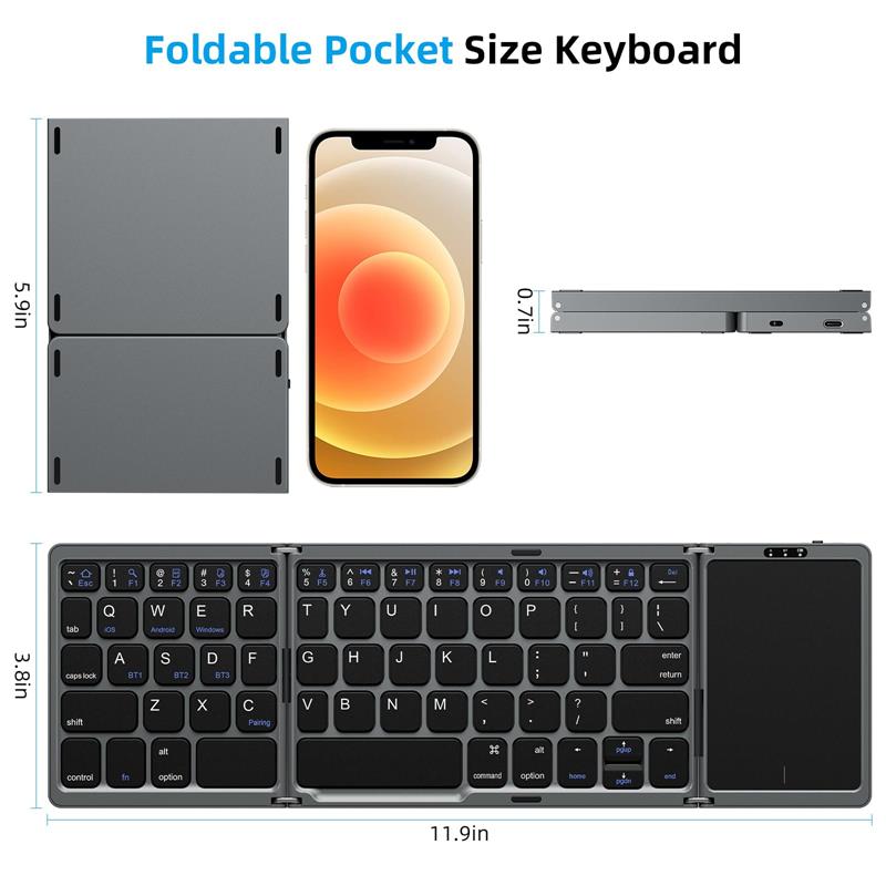 Foldable Bluetooth Keyboard with Touchpad – Rechargeable Portable Wireless Keyboard for iPad, iPhone, Laptop, Tablet, PC (iOS/Android/Windows), 3-Device Sync, 40H Battery, USB-C