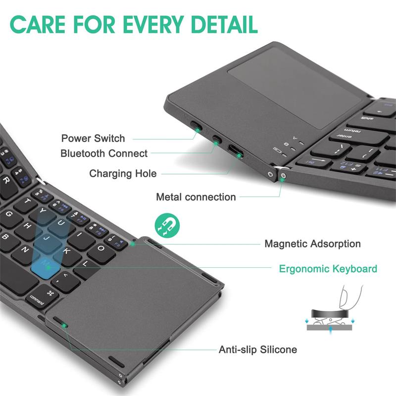 Foldable Bluetooth Keyboard with Touchpad – Rechargeable Portable Wireless Keyboard for iPad, iPhone, Laptop, Tablet, PC (iOS/Android/Windows), 3-Device Sync, 40H Battery, USB-C