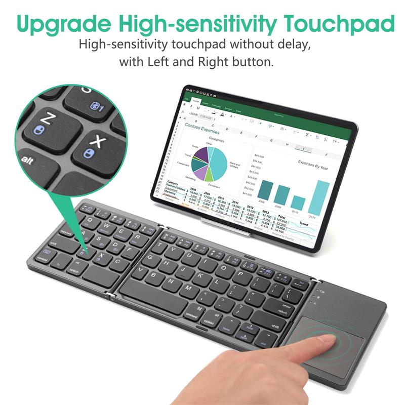 Foldable Bluetooth Keyboard with Touchpad – Rechargeable Portable Wireless Keyboard for iPad, iPhone, Laptop, Tablet, PC (iOS/Android/Windows), 3-Device Sync, 40H Battery, USB-C