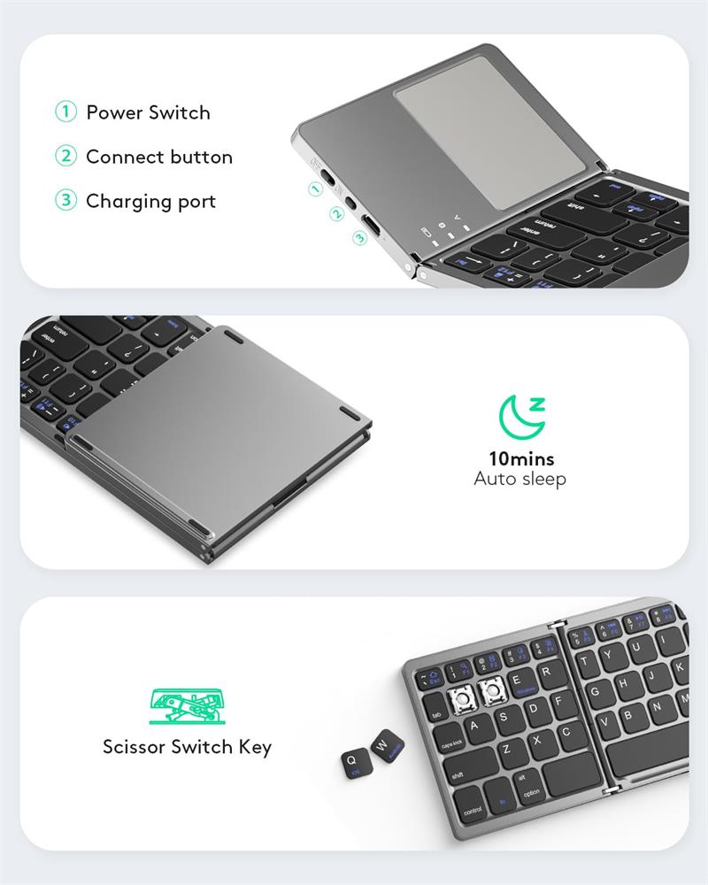 Foldable Bluetooth Keyboard with Touchpad – Rechargeable Portable Wireless Keyboard for iPad, iPhone, Laptop, Tablet, PC (iOS/Android/Windows), 3-Device Sync, 40H Battery, USB-C