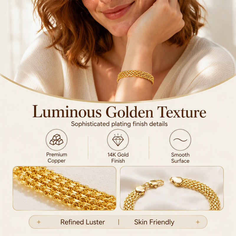 14K gold-plated wide woven mesh bracelet
