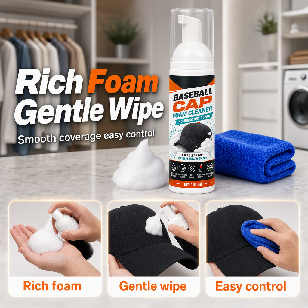 🧢49% OFF NOW! No‑Rinse Baseball Cap Foam Cleaner, Deep Clean Hat Foam Cleaning Spray, Sweat Stain & Dust Remover for Baseball Hats, Quick Dry Cap Care Solution