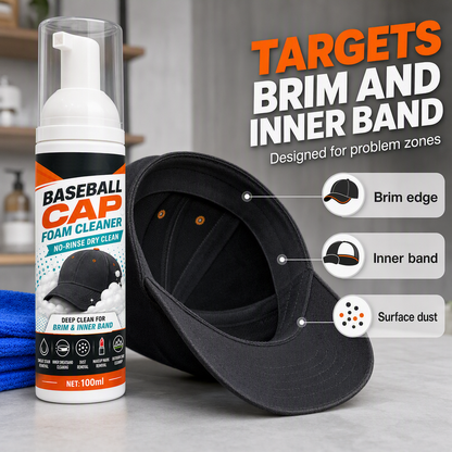 🧢49% OFF NOW! No‑Rinse Baseball Cap Foam Cleaner, Deep Clean Hat Foam Cleaning Spray, Sweat Stain & Dust Remover for Baseball Hats, Quick Dry Cap Care Solution