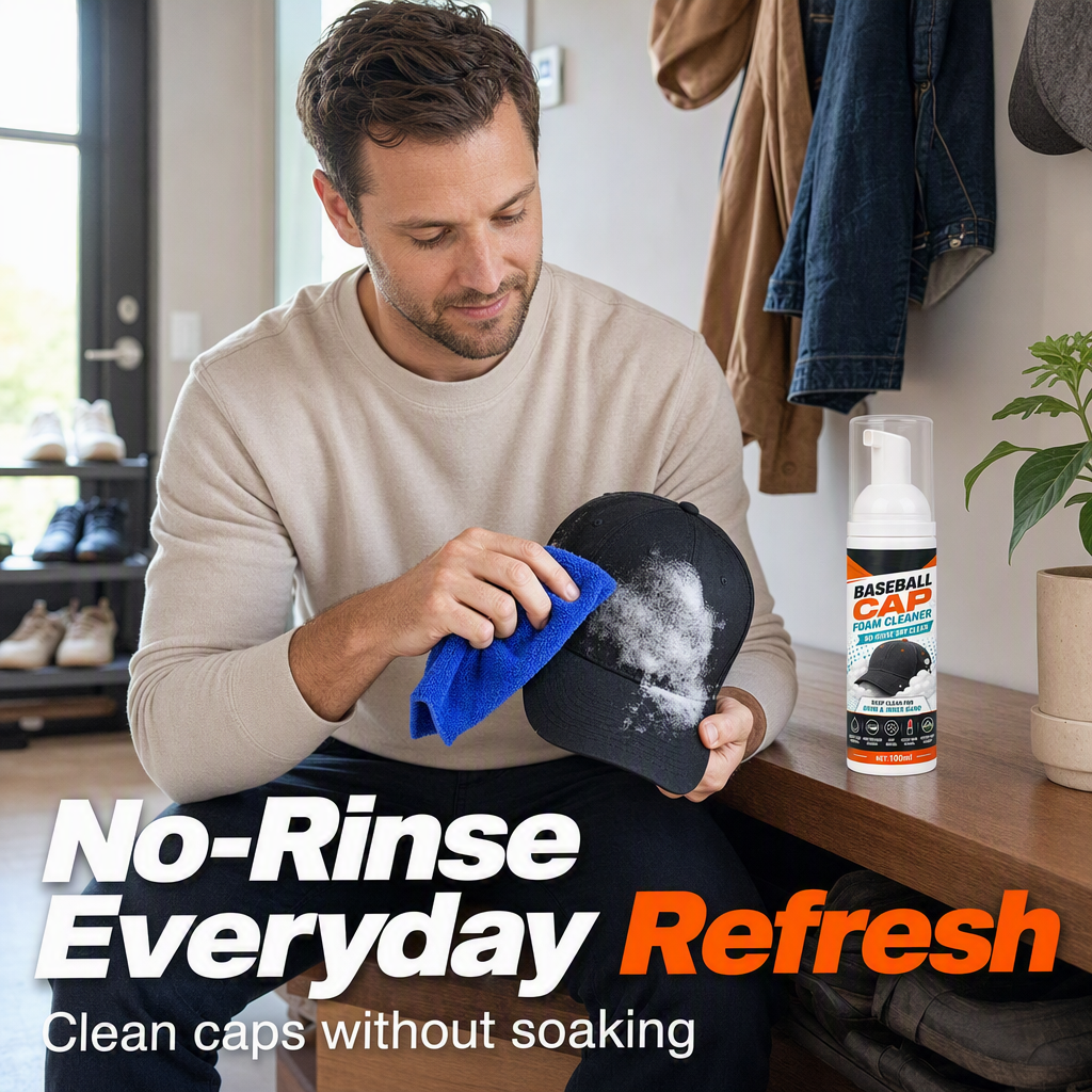 🧢49% OFF NOW! No‑Rinse Baseball Cap Foam Cleaner, Deep Clean Hat Foam Cleaning Spray, Sweat Stain & Dust Remover for Baseball Hats, Quick Dry Cap Care Solution