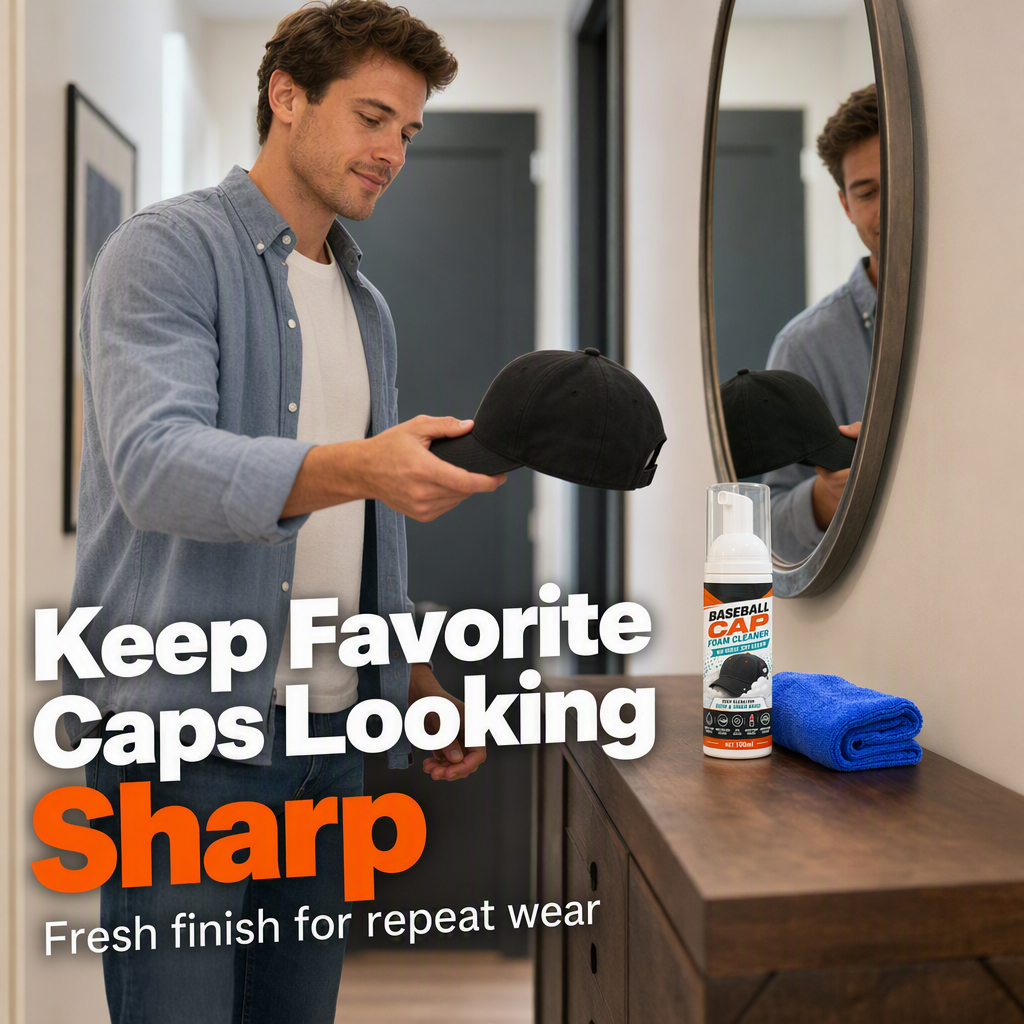 🧢49% OFF NOW! No‑Rinse Baseball Cap Foam Cleaner, Deep Clean Hat Foam Cleaning Spray, Sweat Stain & Dust Remover for Baseball Hats, Quick Dry Cap Care Solution