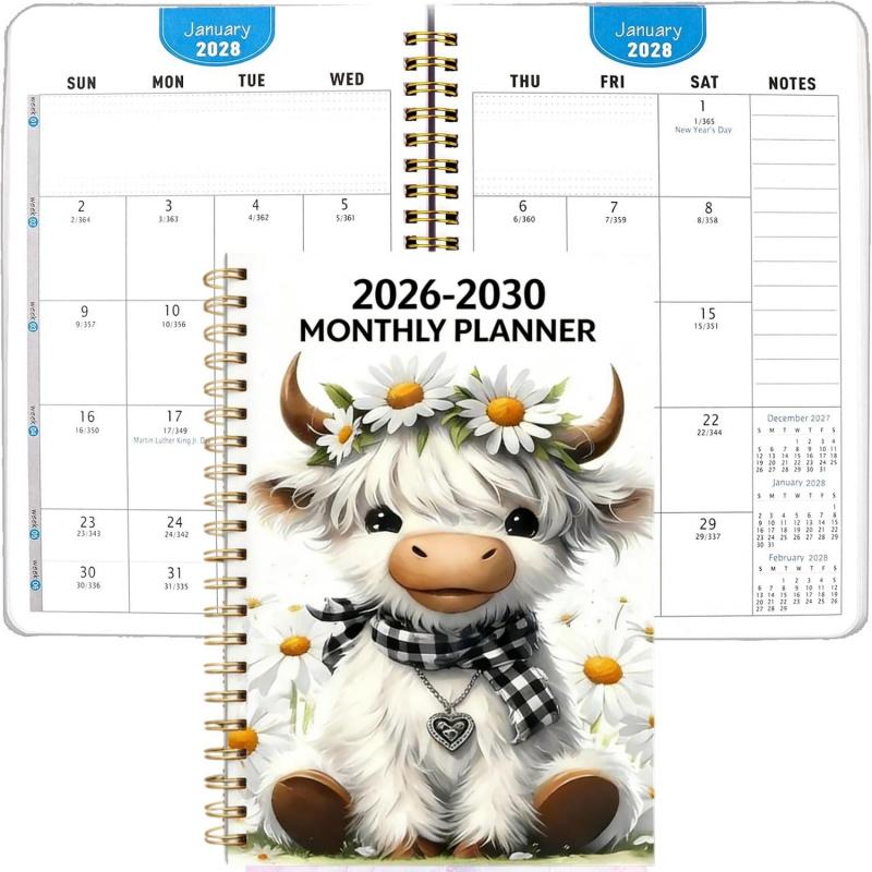 🐮 2026-2030 Calendar 📅  - From January 2026 to December 2030, 5-year calendar, cartoon Highland cow themed cover design, annual calendar planning, month labels, 60-month calendar