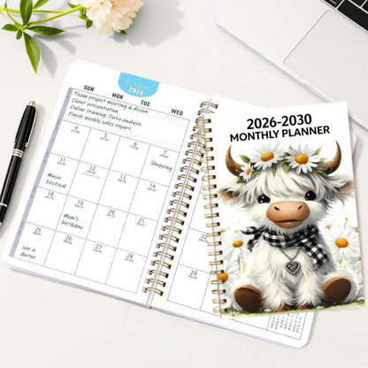 🐮 2026-2030 Calendar 📅  - From January 2026 to December 2030, 5-year calendar, cartoon Highland cow themed cover design, annual calendar planning, month labels, 60-month calendar