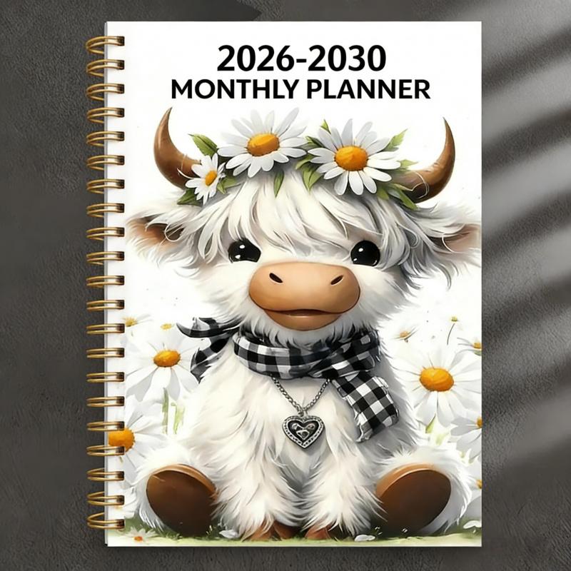 🐮 2026-2030 Calendar 📅  - From January 2026 to December 2030, 5-year calendar, cartoon Highland cow themed cover design, annual calendar planning, month labels, 60-month calendar