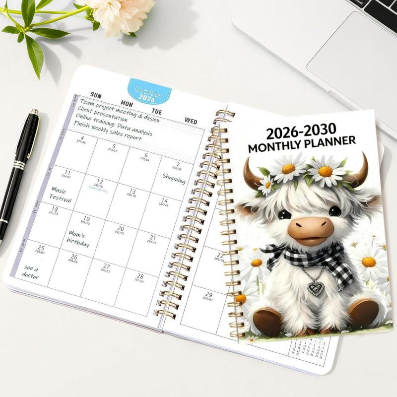 🐮 2026–2030 Monthly Planner ✨ Cute Highland Cow 5-Year Calendar | Large Monthly Blocks for Long-Term Planning