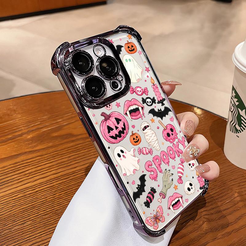 🎃 4-Corner Anti-Fall, Cute Candy Pumpkin Ghost Design, Transparent Non-Yellowing Shockproof Cover