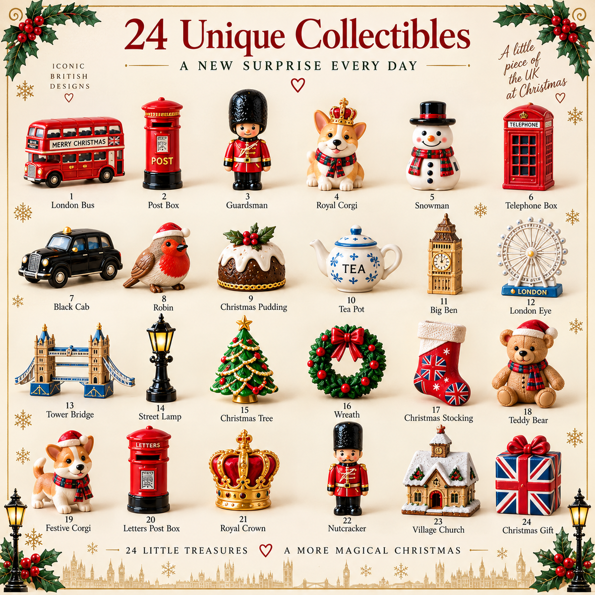 🎄 24 Days of British Christmas – Advent Calendar with 24 Charming Collectible Surprises